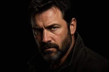 Fototapeta premium A middle-aged man with a beard stares intensely at the camera against a black background.