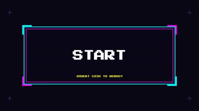 Retro 8-bit Pixel Art Video Game Start Screen with Glitchy Neon Effects and Arcade Characters on a Dark Background for Gaming and Esports Content and Digital Media.