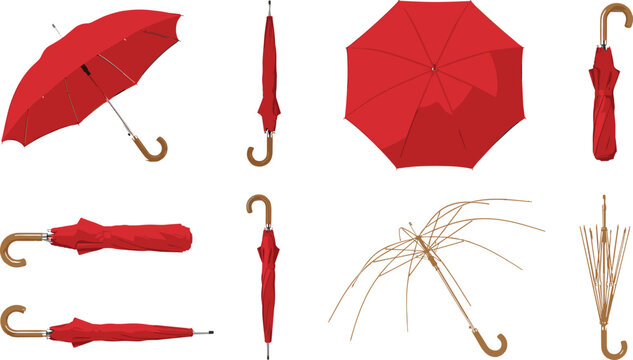 Vector illustration of red umbrellas in various states and perspectives representing weather, fashion, and accessory themes