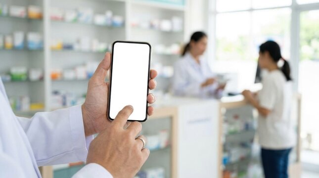 > Close-up of pharmacist hands holding a smartphone with a blank white mockup screen. Telemedicine, online pharmacy, and medical app concept with blurred drugstore background