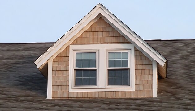 Dormer window on residential house with shingled exterior and dark roof.