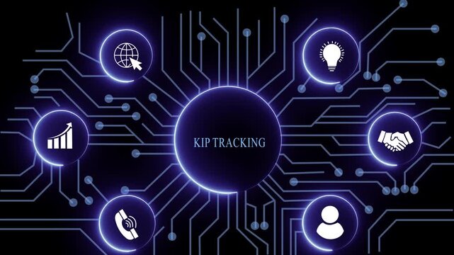kip tracking concept with circuit lines and digital symbols hovering above a businessman, technology. manufacturing process management all connected in a digital circle like pattern.