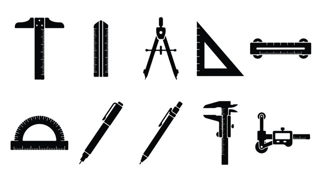Drafting tools icon set, black technical drawing equipment vectors, 10 professional architecture and engineering measurement instruments isolated PNG with Transparent Background