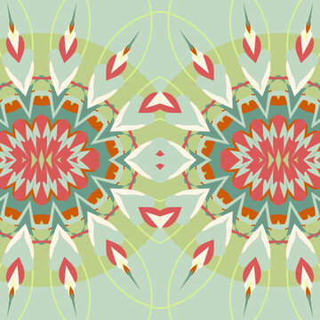 Balanced kaleidoscope design in ocean green, pale spruce, linen, burnt sienna, dusty red, sage leaf, lime zest, pale primrose with christmas scandinavian winter palette