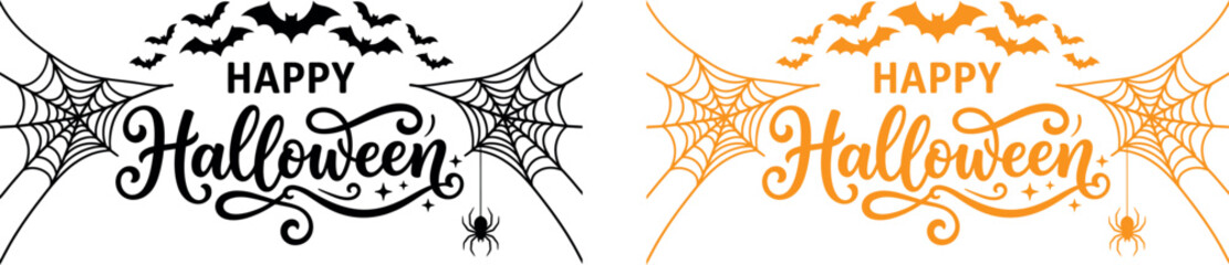 Happy halloween day typography festive orange calligraphy with jack o' lantern and bat illustration. Halloween greeting graphics with spider webs and bats © Ragia