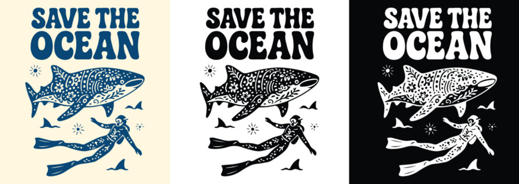 Save the Ocean Typography Design with Floral Whale Shark and Diver, Scuba Diving Adventure Concept Vector