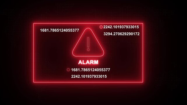 Digital red neon alarm warning sign with pulsing data streams and mathematical coordinates on a dark background, cybersecurity breach notifications, system error alerts, and tech interfaces