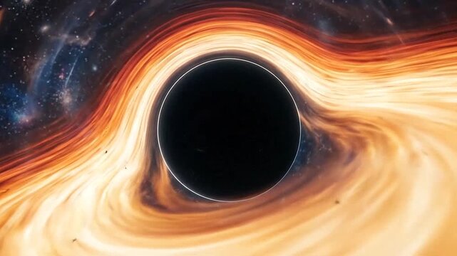 A massive dark hole surrounded by a glowing orange accretion disk