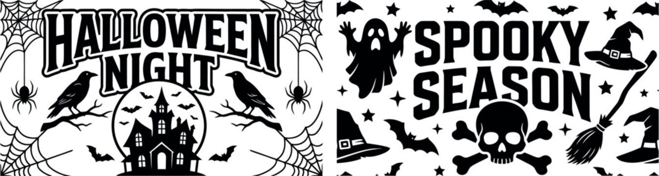 Halloween vector seamless pattern. Halloween and spooky season vector designs with bats witch hats and haunted house