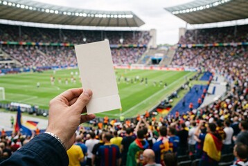 Obraz premium Holding a blank ticket at a crowded football stadium with a game in progress.
