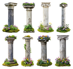 Naklejka premium PNG Ancient columns adorned with flowers on transparent background