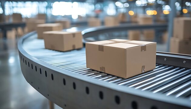 Cardboard boxes on conveyor belt in warehouse, logistics and shipping industry.