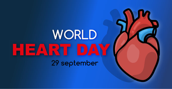Colorful illustration on a medical theme about the celebration of International Heart Day on a dark background.
