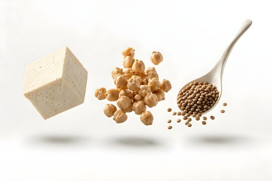 Floating tofu, chickpeas, and lentils defy gravity against a clean white backdrop. Minimalist design highlights plant-based protein sources in isolation. Pure, crisp lighting emphasizes texture