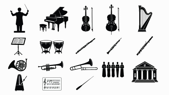Classical music orchestra icons set, symphony instruments silhouettes, black musical equipment vector collection for concert branding isolated PNG with Transparent Background
