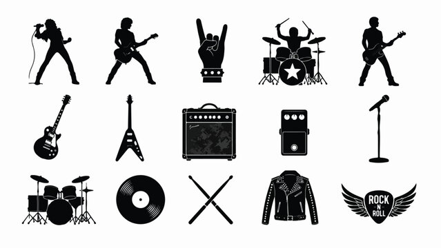 Rock music silhouettes and heavy metal band icons, 15 black vector elements including musicians and instruments, punk rock concert graphics isolated PNG with Transparent Background