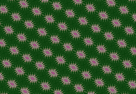 Patterned wallpaper-style design in cornsilk, olive grey, moss green, deep emerald, rose petal, fuchsia, grape, deep midnight with gradient evergreen moss palette