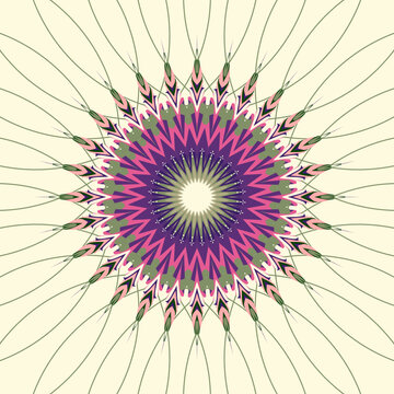Radial mandala composition in gradient evergreen moss tones with cornsilk, olive grey, moss green, deep emerald, rose petal, fuchsia, grape, deep midnight