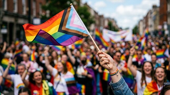 Progress Pride Flag Raised at LGBTQ+ Pride Parade Celebrating Diversity Equality and Inclusion