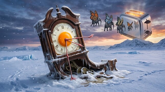 Melting clock with egg yolk face in frozen landscape