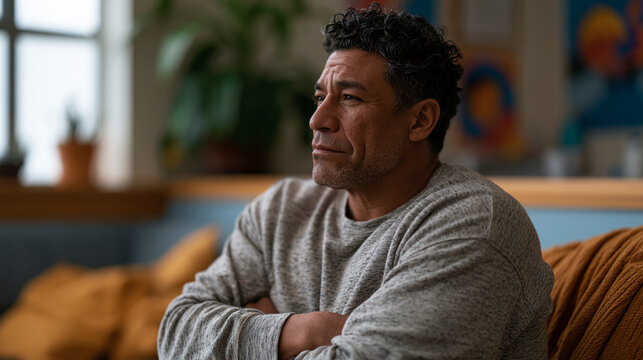 Father sitting in a pediatric therapist's waiting room, arms crossed and jaw tight, while his young son is inside a session, the stigma of seeking mental health help written in