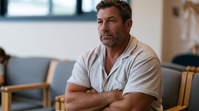 Father sitting in a pediatric therapist's waiting room, arms crossed and jaw tight, while his young son is inside a session, the stigma of seeking mental health help written in