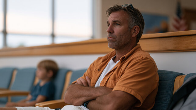 Father sitting in a pediatric therapist's waiting room, arms crossed and jaw tight, while his young son is inside a session, the stigma of seeking mental health help written in