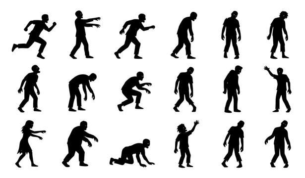 Set of Stylized Black Zombie Silhouettes with Undead Horror Monsters Isolated on White Background