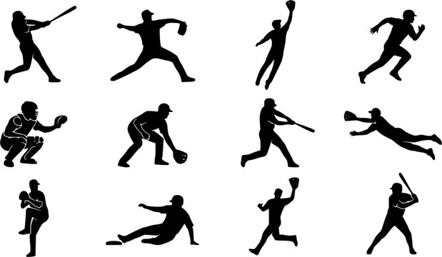 Baseball Player Silhouette Icons &ndash; Sport Action Poses Vector Bundle