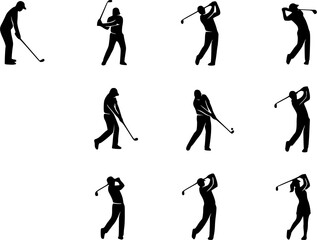 Naklejka premium Golf Player Swing silhouette icon set, flat black glyph style, pure white background