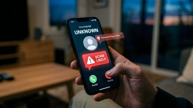 Person holding a smartphone showing an unknown caller and a scam likely warning alert