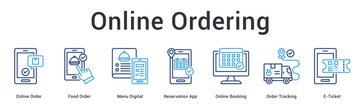 Online ordering flow from digital menu, reservation and booking apps to order tracking and e-ticket delivery