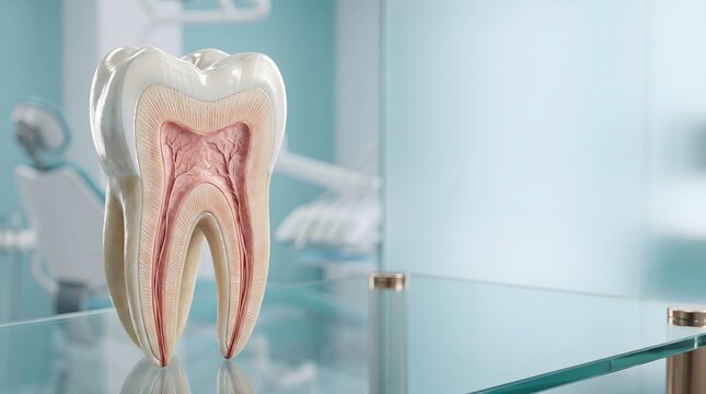 Detailed Tooth Anatomy Cross Section Illustration in Modern Dental Clinic with Copy Space