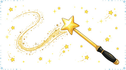 Naklejka premium Magic Wand Vector Illustration Featuring a Golden Star Wand Casting a Sparkling Dust Trail and Glowing Stars for Fairytale Graphic Designs