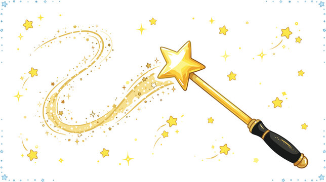Magic Wand Vector Illustration Featuring a Golden Star Wand Casting a Sparkling Dust Trail and Glowing Stars for Fairytale Graphic Designs