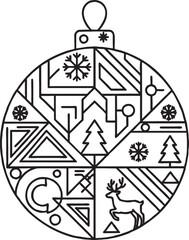 Christmas ornament with geometric patterns snowflakes pine trees reindeer in line art style pine tree black and white christmas ornament decoration geometric snowflake reindeer © MDJAMAL