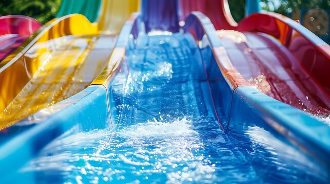 Water Rushing Down Vibrant Blue and Yellow Slides at Aqua Park