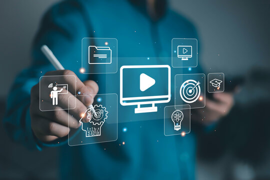 Interactive online learning and digital education concept featuring virtual training, video courses, knowledge management, skill development, e-learning technology, remote teaching, and professional