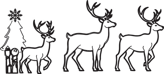 Hand drawn outline christmas deer with antlers walking in a line next to a decorated holiday tree line art winter wonderland reindeer christmas celebration illustration wildlife © MDJAMAL