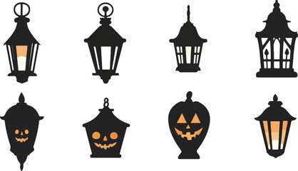 Naklejka premium Set of vector silhouette icons of people and street lamps, lanterns and trees, vintage antique illustration symbols for Halloween and Christmas celebration decoration in black design