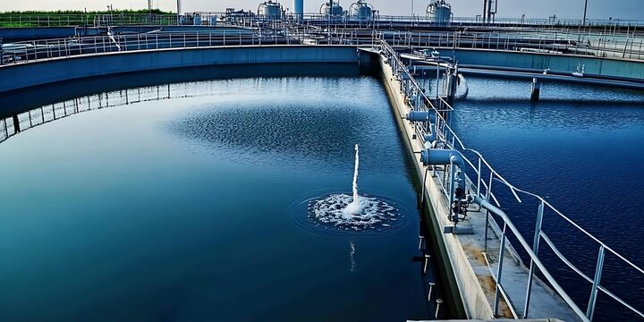 Large wastewater treatment plant with circular clarifier tanks and aeration systems.