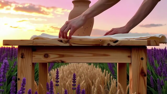 Young Woman Exposed Back Bare Back Tablet on Wooden Table in Field at Sunset