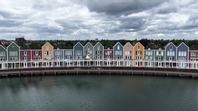 Aerial view of colorful houses on the water in houten netherlands