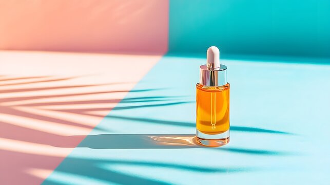 Colorful Skincare Serum Dropper Bottle on Pastel Background