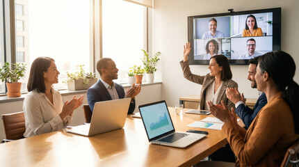 Fototapeta premium Diverse office team applauding colleague during hybrid video meeting in bright boardroom suggesting remote collaboration success recognition corporate teamwork leadership celebration