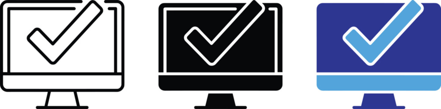 Computer Monitor Checkmark Icon Vector Line Art Fill Color Illustration Design