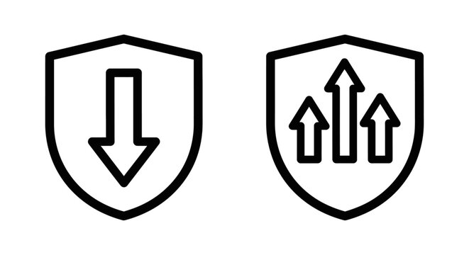 Security shield icons representing protection and growth with security protection minimalist business internet analysis performance strategy direction increase decrease management