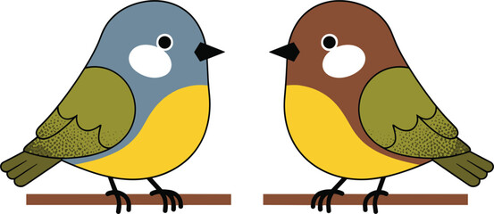 Cute Cartoon Titmouse Bird Vector Illustration Featuring Two Colorful Songbirds Sitting on a Tree Branch Facing Each Other for Nature and Spring Designs © Remi