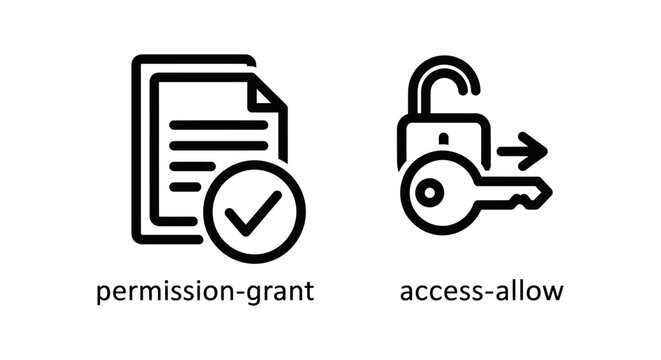 Document permission approval and digital data access granted concept outline icons with permission document approval authorization unlocked security information certificate official