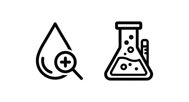 Scientific research icons with water drop magnification and chemical flask testing ph levels chemistry laboratory research magnifying analysis experiment glassware scientific